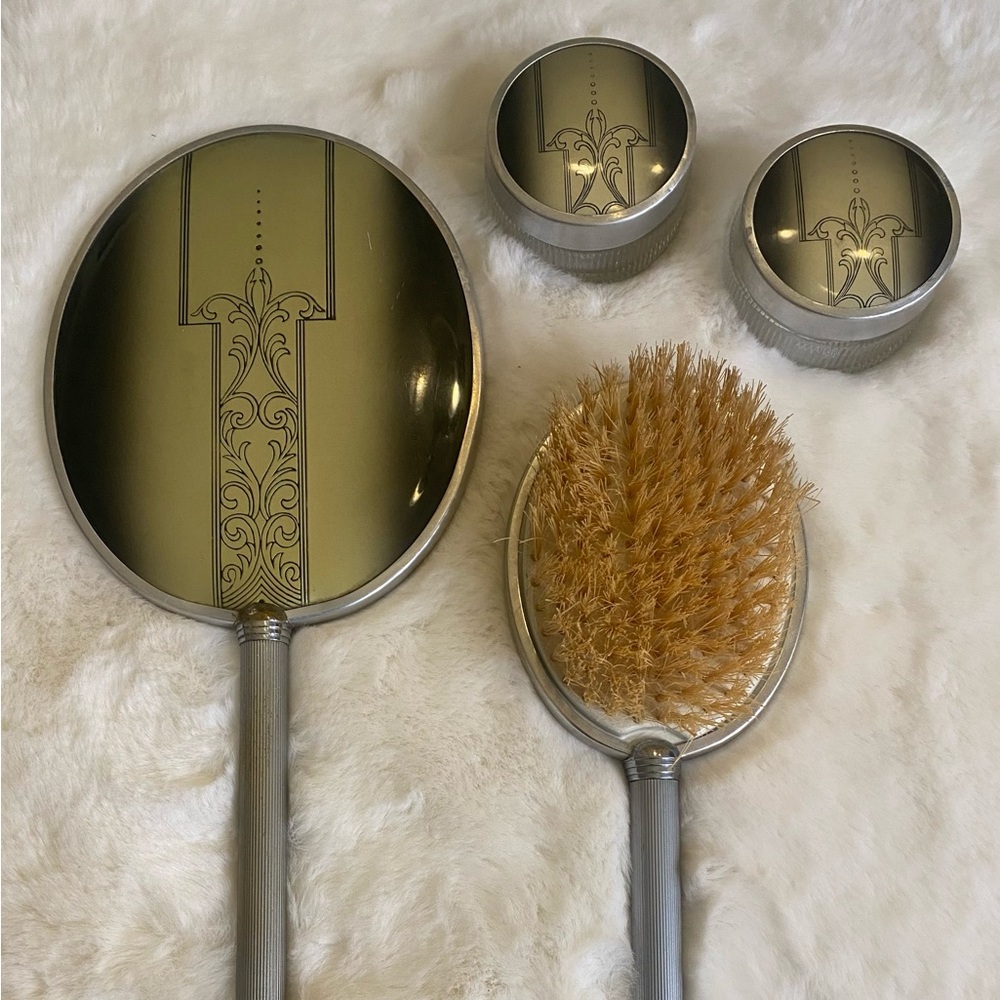 Vintage Art Deco Grey + Silver Mirror, Hair Brush, 2 Lotion Jars Vanity Set Rare